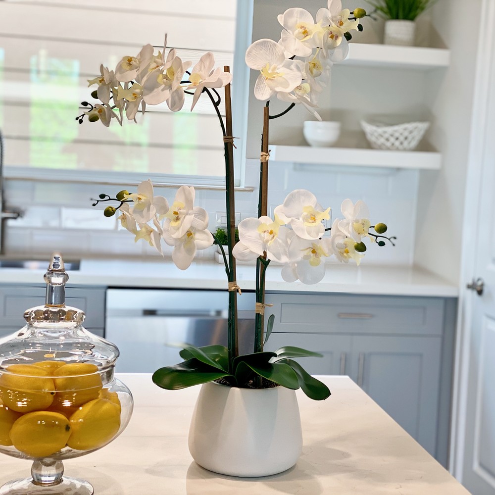 Kitchen island with lemons and an orchid displayed.